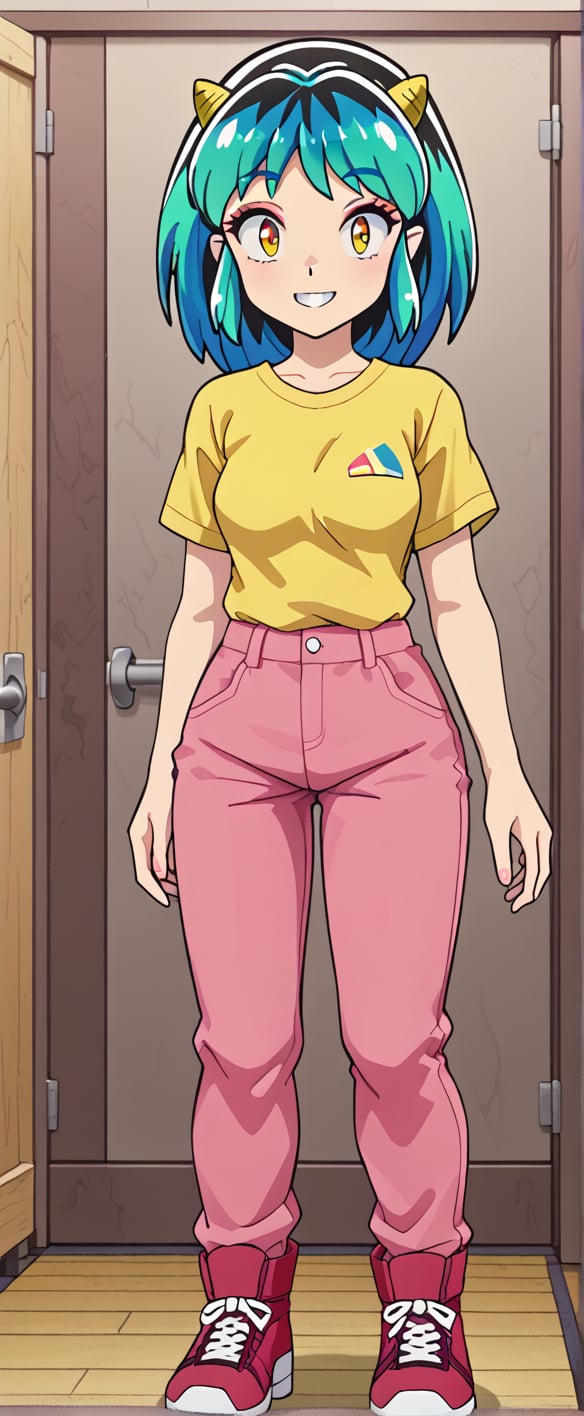  lum, oni horns, yellow  shirt, pink pants, smiling, looking at viewer,