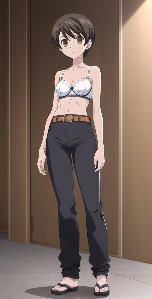 1girl, solo, Fujioka Haruhi short hair, white bra, pants, full boddy, toplles, standing, looking at viewers, belt,