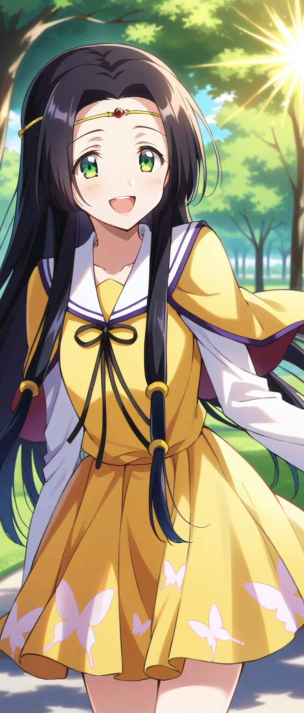 sumeragi kaguya, green eyes, black hair, long hair, hair tubes, yellow dress, butterfly print, smiling, sunny day, park, mouth open teeth, capped slevees, standing,
