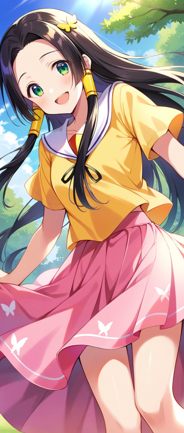 sumeragi kaguya, green eyes, black hair, long hair, hair tubes, yellow t shirt, pink skirt, butterfly print,  smiling, sunny day, park, mouth open teeth, 
