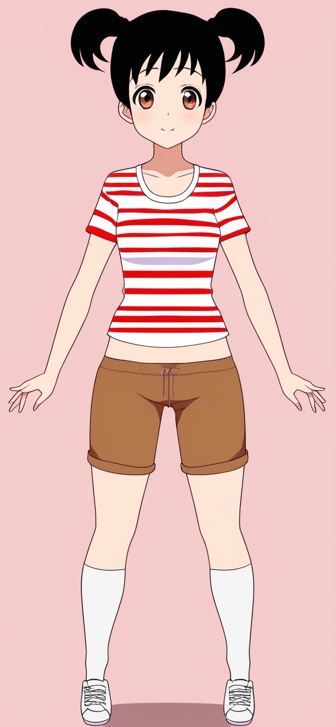 1girl, solo, smile, short hair, simple background, shirt, black hair, twintails, brown eyes, full body, shoes, shorts, socks, midriff, striped, kneehighs, pink background, short twintails, white socks, sneakers, striped shirt, brown shorts