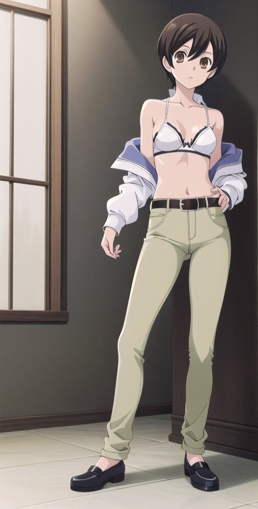 1girl, solo, Fujioka Haruhi short hair, white bra, pants, full boddy, toplles, standing, looking at viewers, belt, black shose,