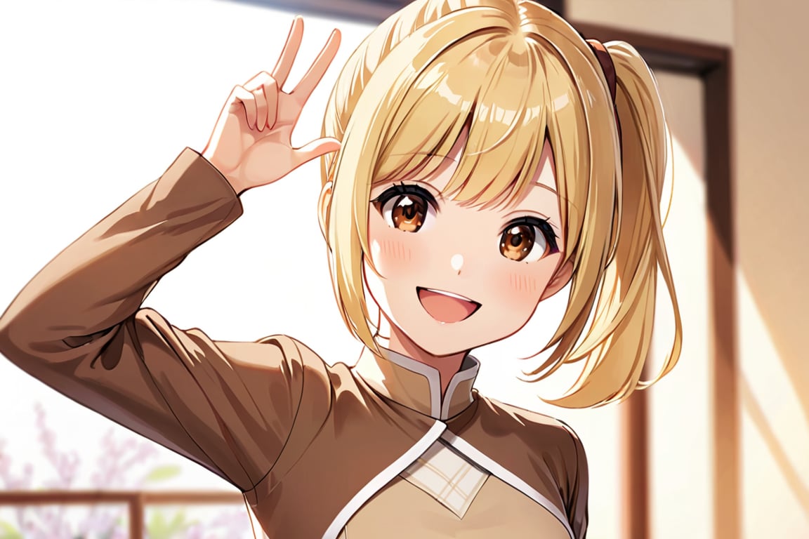 1girl, solo, looking at viewer, smile, short hair, open mouth, blonde hair, long sleeves, brown eyes, :d, arm up, side ponytail