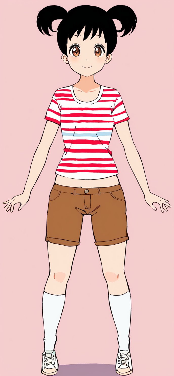 1girl, solo, smile, short hair, simple background, shirt, black hair, twintails, brown eyes, full body, shoes, shorts, socks, midriff, striped, kneehighs, pink background, short twintails, white socks, sneakers, striped shirt, brown shorts