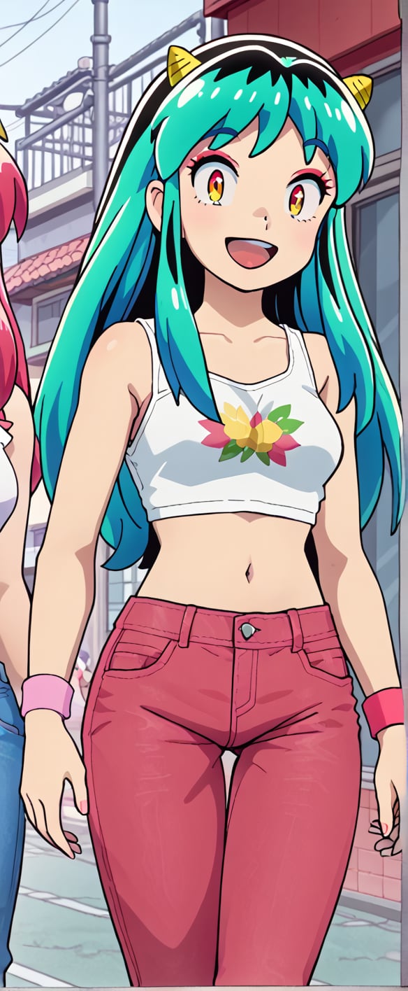  lum, oni horns, white tank top, red backgrownd, mouth open, pink jeans, smiling, looking at viewer, long hair, standing, crop top, mary jeane shose, pink wrist_band, 