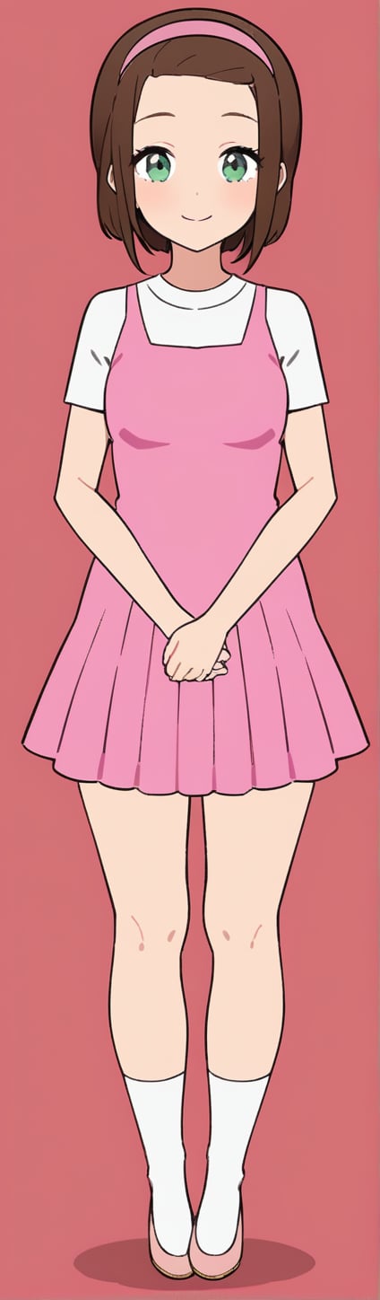 1girl, solo, looking at viewer, smile, short hair, simple background, brown hair, shirt, dress, green eyes, standing, full body, short sleeves, hairband, shoes, socks, pink background, own hands together, white socks, pink dress, pink hairband