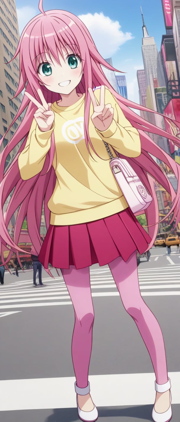 Lala Satalin Deviluke, yellow shirt, pink skirt, new york, pink leggings, long slevees, outdoors, day, smiling, red skirt,  white shose,  V sign