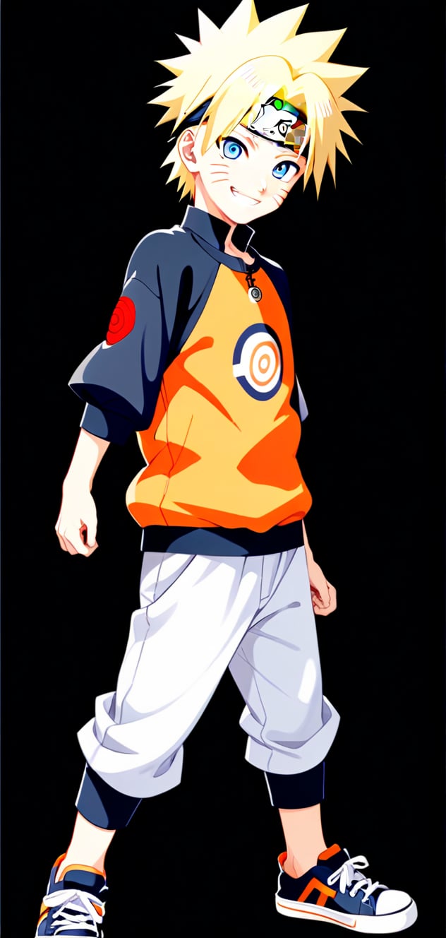 solo, smile, blue eyes, blonde hair, simple background, 1boy, full body, male focus, shoes, pants, spiked hair, black background, sneakers, male child, raglan sleeves, uzumaki naruto