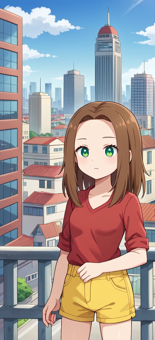 BIG FOREHEAD, S4rahLynnBH, brown hair, green eyes, looking at viewers, RED SHIRT, YELLOW SHORTS, city, day, outdoors, anime style, 