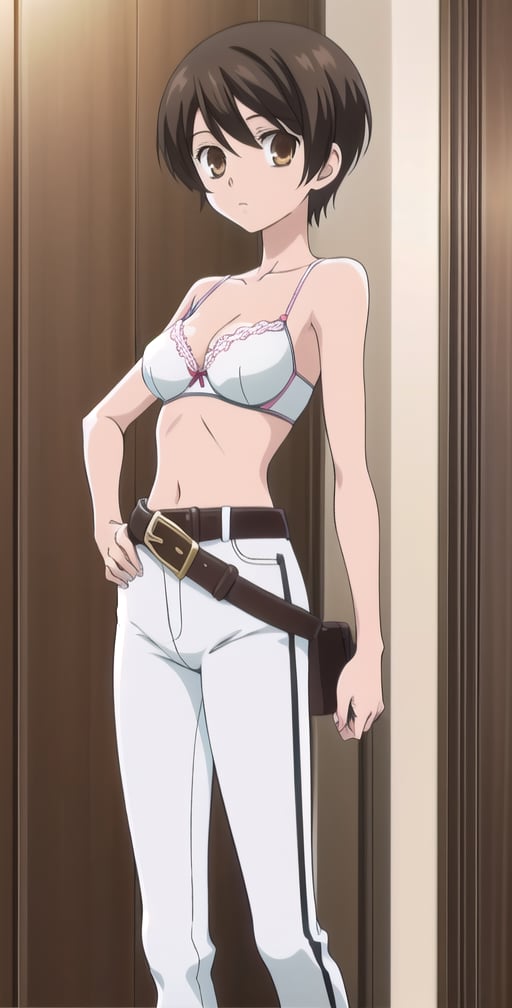 1girl, solo, Fujioka Haruhi short hair, white bra, pants, full boddy, toplles, standing, looking at viewers, belt,