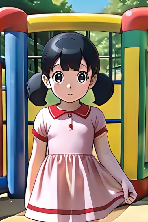 1girl, solo, HDR,  masterpiece, looking at viewers, Shizuka minamoto, black hair, pigtails, doraemon, Pink dress with stripes with red stripes, white soock, Red shoes, Playground, High quality, black eyes,