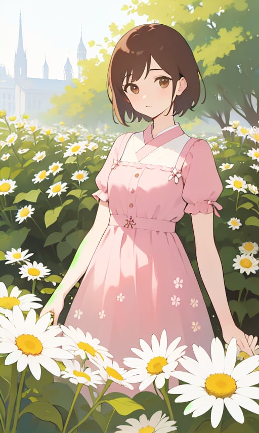 kyoko1, pink dress, flower Pattern dress, brown hair, brown hair, short hair, long slevess, looking at viewer, masterpiece, high quality, daytime, garden, outdoor, daisies,