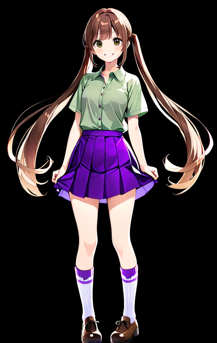 1girl, solo, long hair, looking at viewer, smile, skirt, simple background, brown hair, shirt, twintails, brown eyes, standing, full body, socks, black background, purple skirt, green shirt