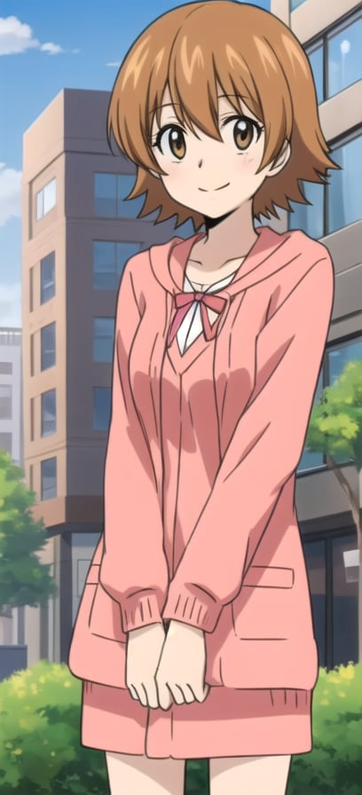 kyoko1, brown hair, short hair, brown eyes,pink cardigan, yellow dress, outdoors, park, masterpice, solo, looking_at_viewer, smiling, white soocks, full boddy