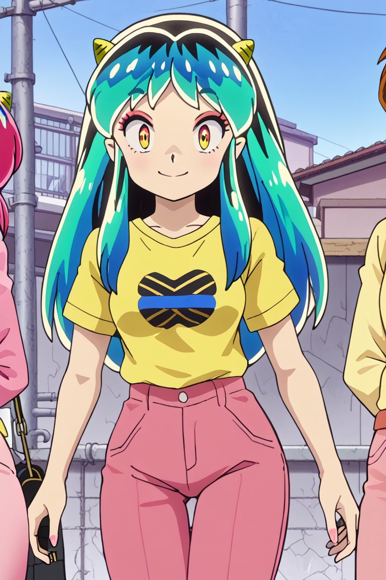  lum, oni horns, yellow  shirt, pink pants, smiling, looking at viewer,