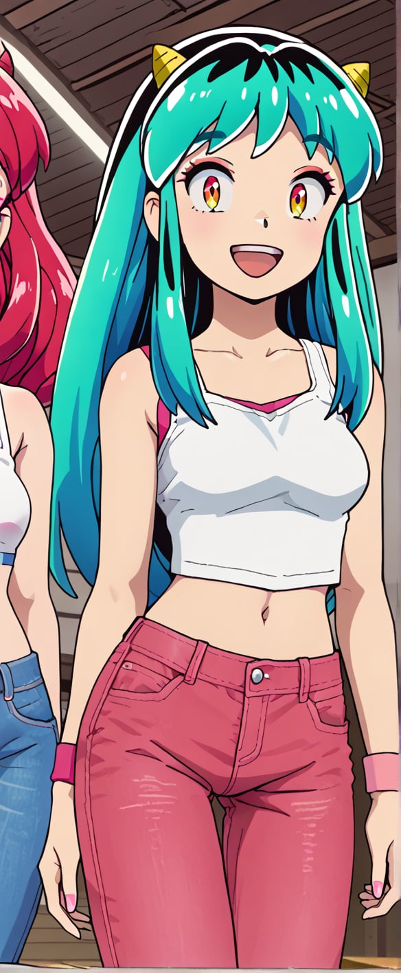  lum, oni horns, white tank top, red backgrownd, mouth open, pink jeans, smiling, looking at viewer, long hair, standing, crop top, mary jeane shose, pink wrist_band, 