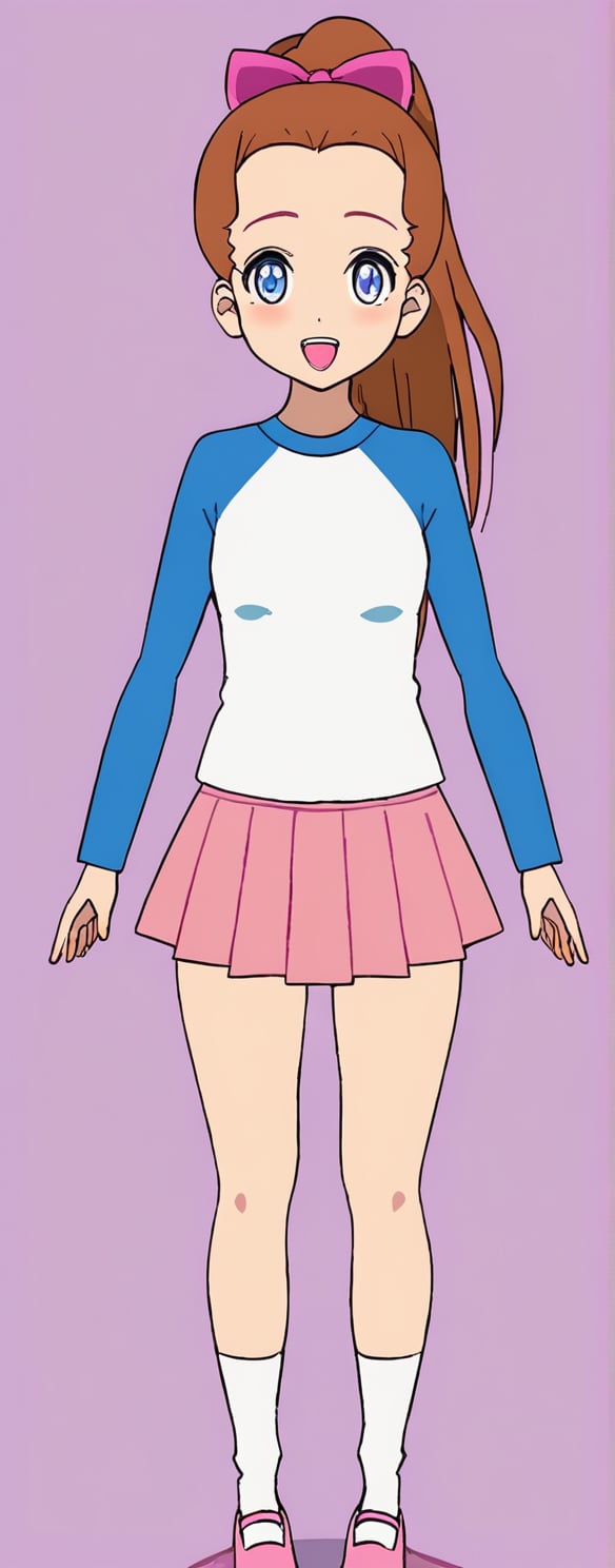 A cartoon drawing of a girl with orange hair and blue eyes. She is wearing a light blue t-shirt with a white flower on the front. Her pants are light yellow and her shoes are pink. The background is a vibrant shade of pink.