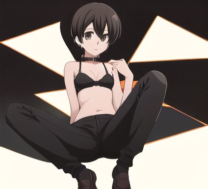 1girl, solo, Fujioka Haruhi short hair, bra, balck pants, full boddy, toplles, collar, 