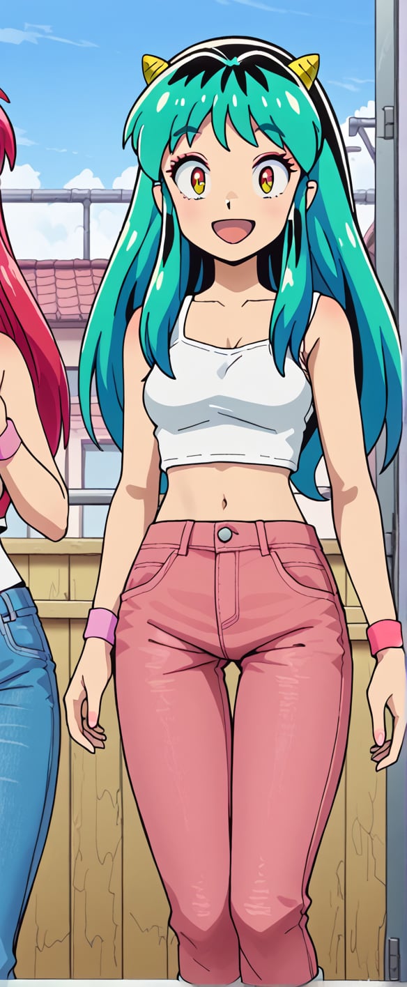  lum, oni horns, white tank top, red backgrownd, mouth open, pink jeans, smiling, looking at viewer, long hair, standing, crop top, mary jeane shose, pink wrist_band, 