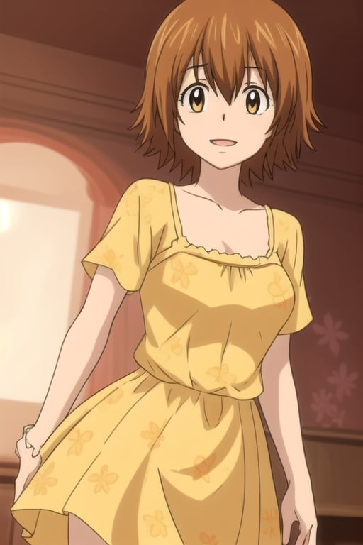 kyoko1, brown hair, short hair, brown eyes, Flower Pattern dress, dress, yellow dress, indoors, masterpice, solo, looking_at_viewer, smiling, white soocks, longe slevees, pink shose, full body, caffe, upper_body