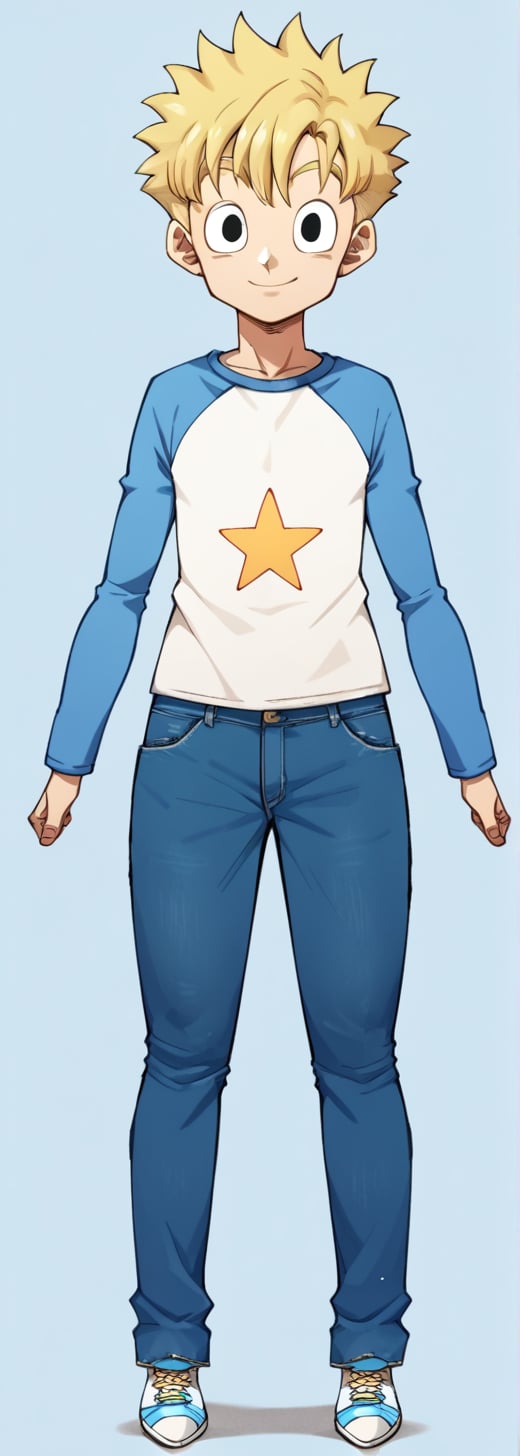 solo, smile, blonde hair, simple background, 1boy, full body, male focus, shoes, pants, star \(symbol\), black eyes, denim, sneakers, jeans, raglan sleeves,score_9_up,score_8_up,score_7_up,source_anime,akiratoriyama