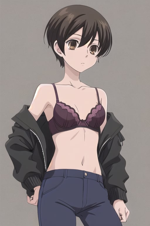 1girl, solo, Fujioka Haruhi short hair, bra, palck pants, 