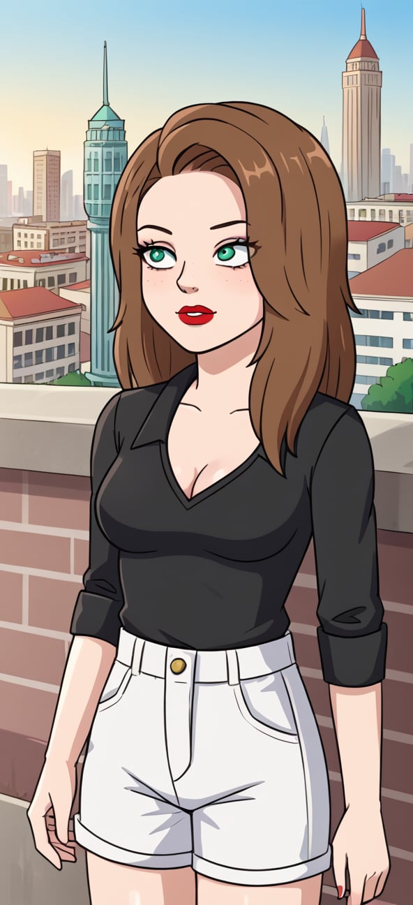 S4rahLynnBH, brown hair, green eyes,lipstick, black shirt, white shorts, 1girl, looking at viewers, city, day, outdoors,