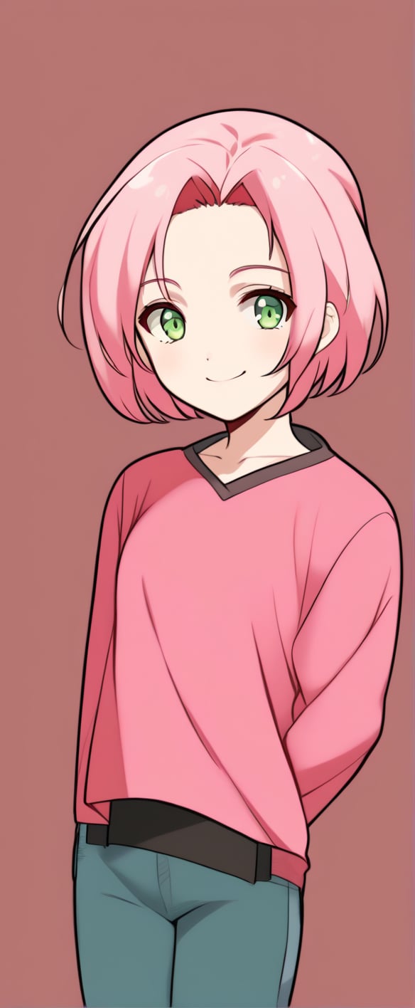 1girl, pink hair, short hair, green eyes, forehead protector, red t shirt, capped, slevees, pink  jeans, smile, Sakura