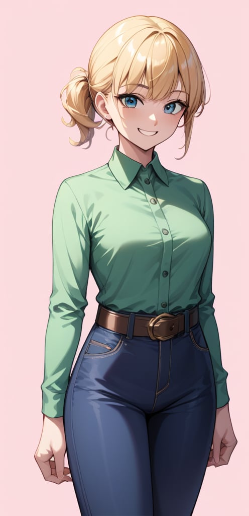 1girl, solo, looking at viewer, smile, blonde hair, simple background, Hairstyles with Flipped Endsbrown, eyes, standing, dark Green collard shirt, long slevees, collard shirt, blue pants, pink background, belt, real, Long sleeve, score_9,score_8_up,score_7_up,score_6_up,score_5_up,score_4_up,source_anime,BREAK