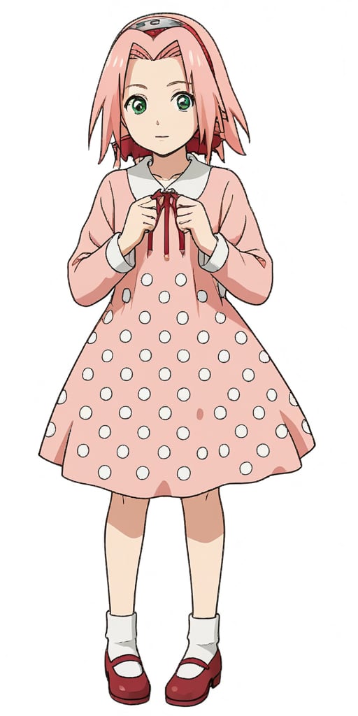 1girl, solo, simple background, brown hair, long sleeves, white background, dress, polka dot, pink dress, crossdressing, polka dot dress,sakura haruno,haruno sakura,green eyes,pink hair, full body pink shose,