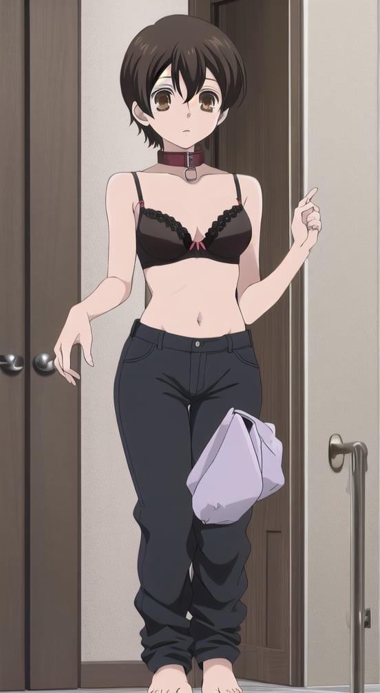 1girl, solo, Fujioka Haruhi short hair, bra, balck pants, full boddy, toplles, collar, standing