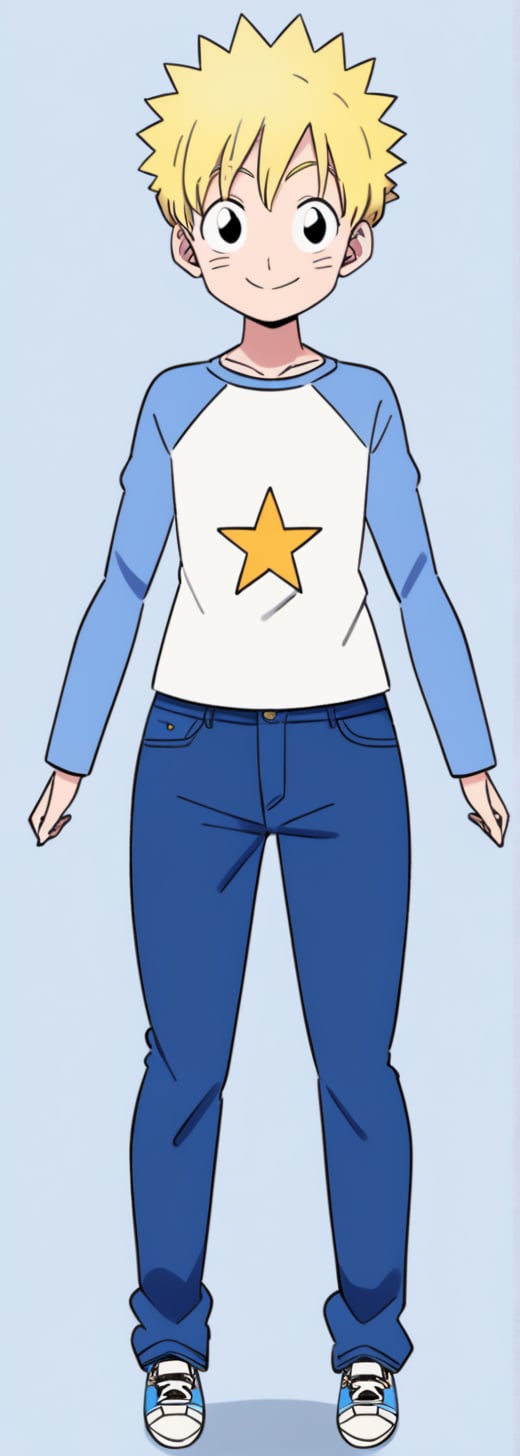 solo, smile, blonde hair, simple background, 1boy, full body, male focus, shoes, pants, star \(symbol\), black eyes, denim, sneakers, jeans, raglan sleeves,score_9_up,score_8_up,score_7_up,source_anime,akiratoriyama