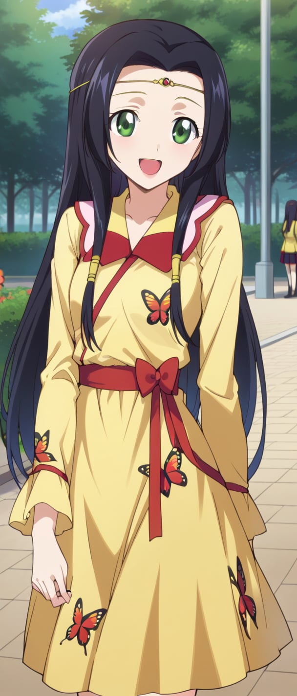 sumeragi kaguya, green eyes, black hair, long hair, hair tubes, red bow, yellow dress, squar necked dress, butterfly print, long sleeves, smiling, sunny day, park, mouth open teeth, 
