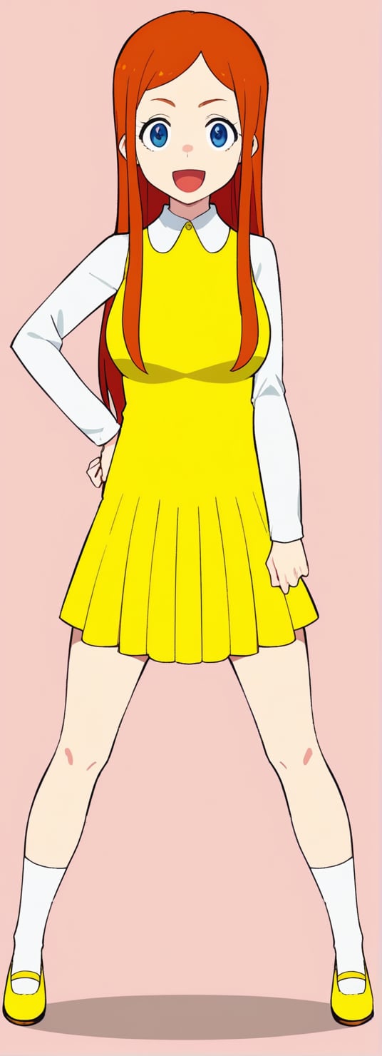 1girl, solo, long hair, looking at viewer, smile, open mouth, blue eyes, simple background, long sleeves, dress, standing, full body, red hair, shoes, socks, orange hair, hand on hip, pink background, mary janes, yellow dress, yellow skirt,BREAK,source_anime,score_7_up,score_8_up,score_9