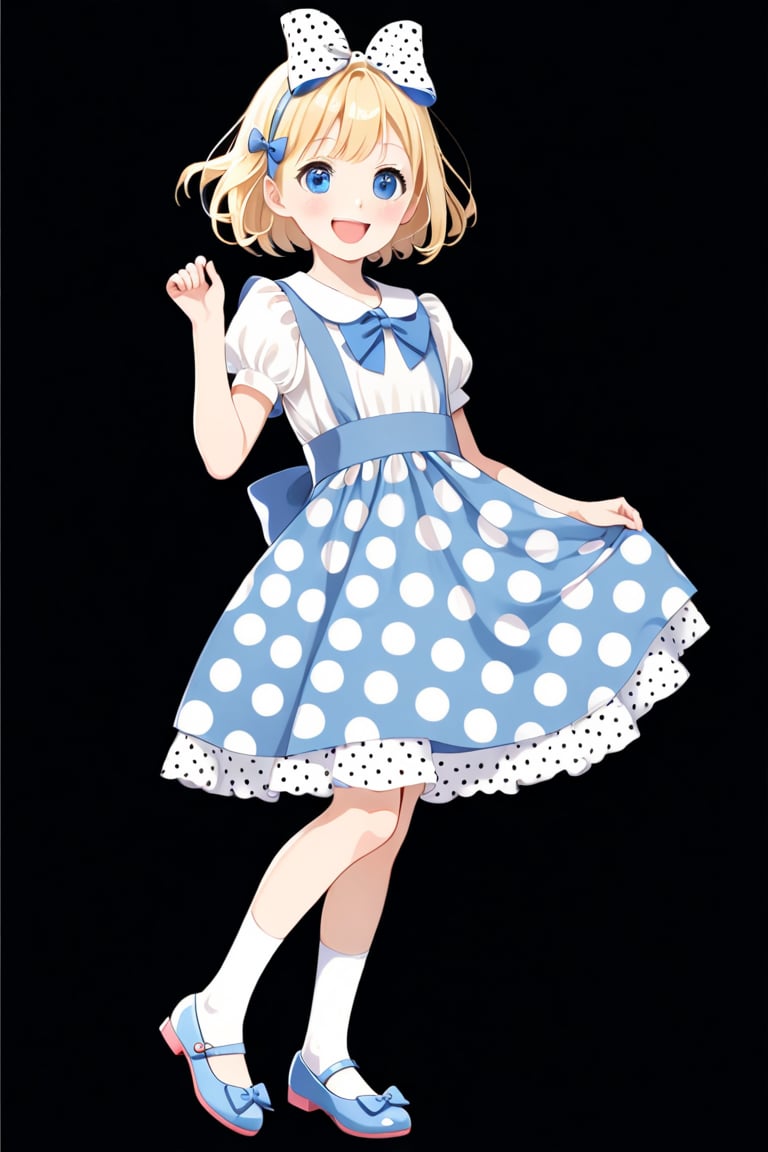 1girl, solo, smile, short hair, open mouth, blue eyes, blonde hair, simple background, dress, bow, full body, hair bow, shoes, socks, polka dot, black background, child, mary janes