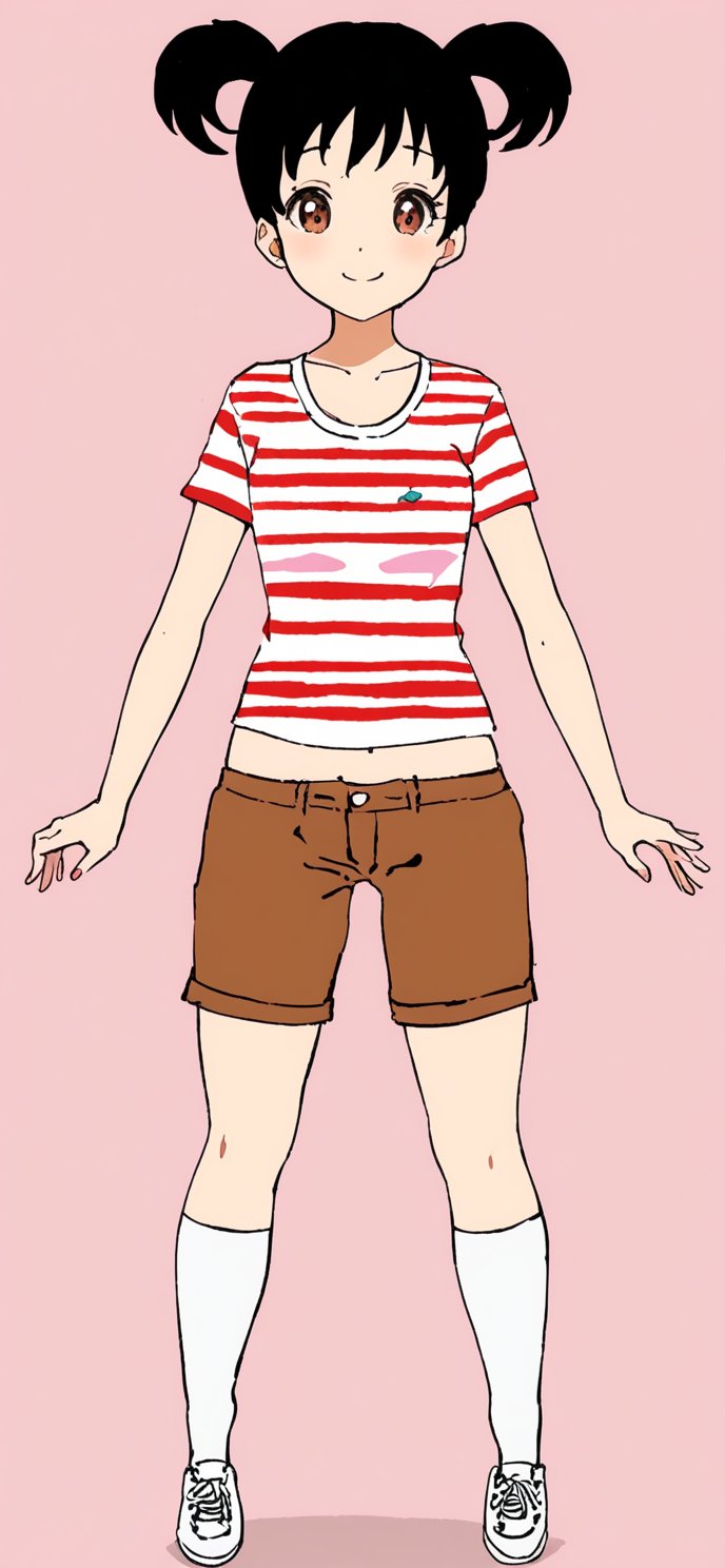 1girl, solo, smile, short hair, simple background, shirt, black hair, twintails, brown eyes, full body, shoes, shorts, socks, midriff, striped, kneehighs, pink background, short twintails, white socks, sneakers, striped shirt, brown shorts