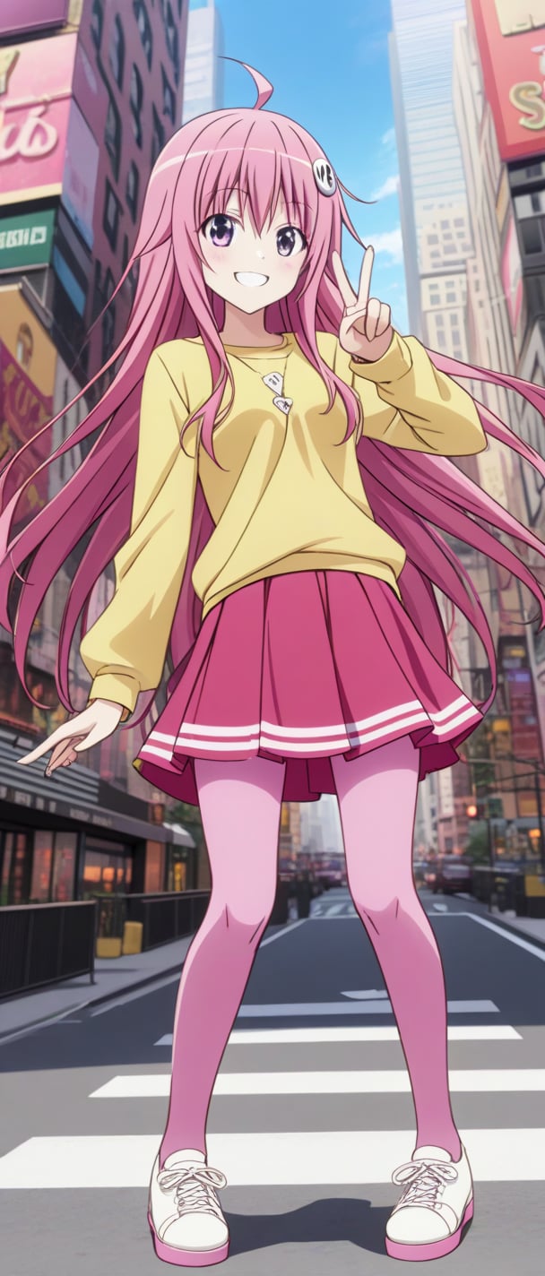 Lala Satalin Deviluke, yellow shirt, pink skirt, new york, pink leggings, long slevees, outdoors, day, smiling, red skirt,  white shose,  V sign