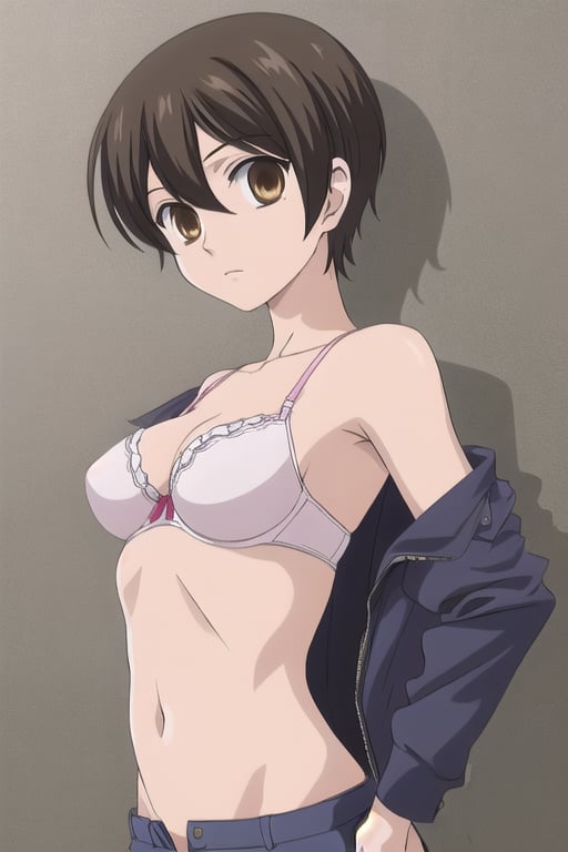 1girl, solo, Fujioka Haruhi short hair, bra, palck pants, bull boddy, toples