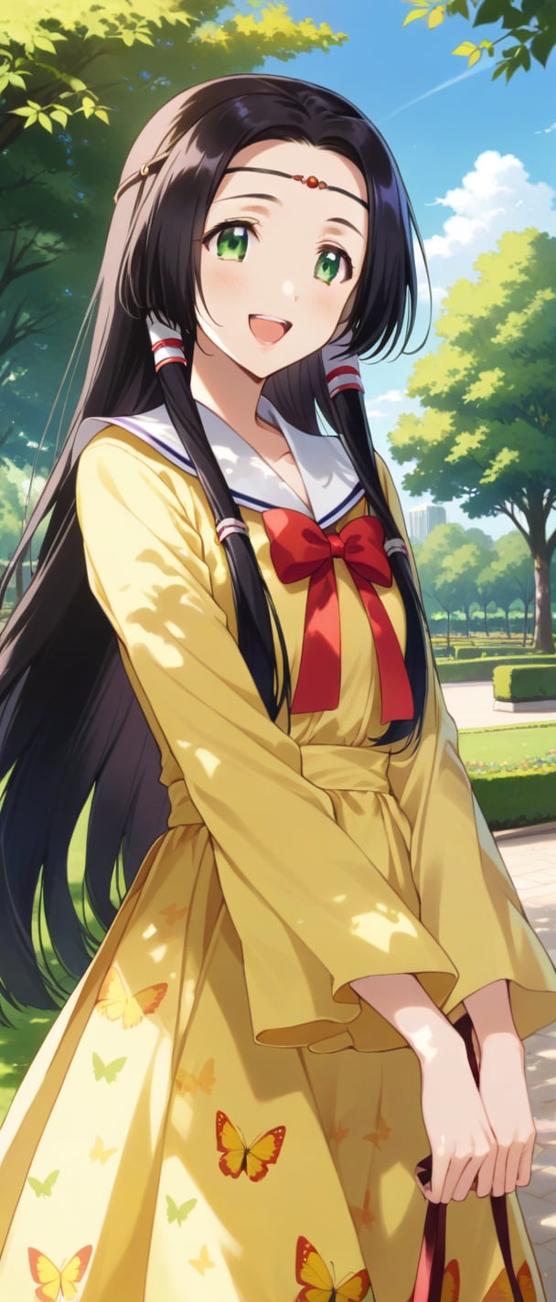 sumeragi kaguya, green eyes, black hair, long hair, hair tubes, red bow, yellow dress, squar necked dress, butterfly print, long sleeves, smiling, sunny day, park, mouth open teeth, 
