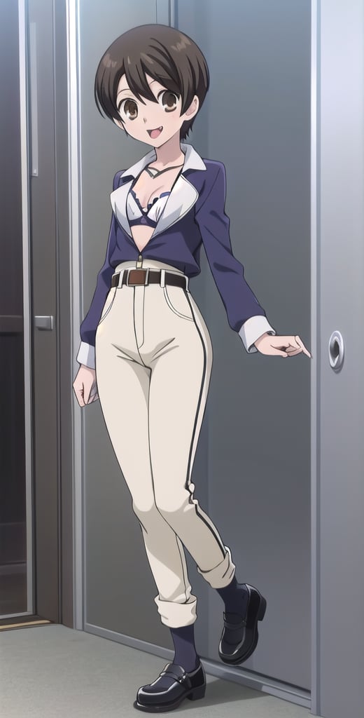 1girl, solo, Fujioka Haruhi short hair, white bra, pants, full boddy, toplles, standing, looking at viewers, belt, black shose, silly face, tounge, open mouth,