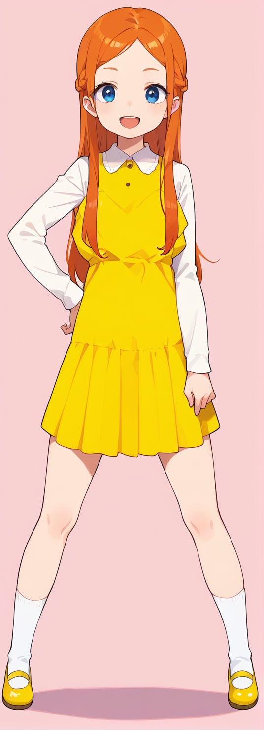 1girl, solo, long hair, looking at viewer, smile, open mouth, blue eyes, simple background, long sleeves, dress, standing, full body, red hair, shoes, socks, orange hair, hand on hip, pink background, mary janes, yellow dress, yellow skirt,BREAK,source_anime,score_7_up,score_8_up,score_9