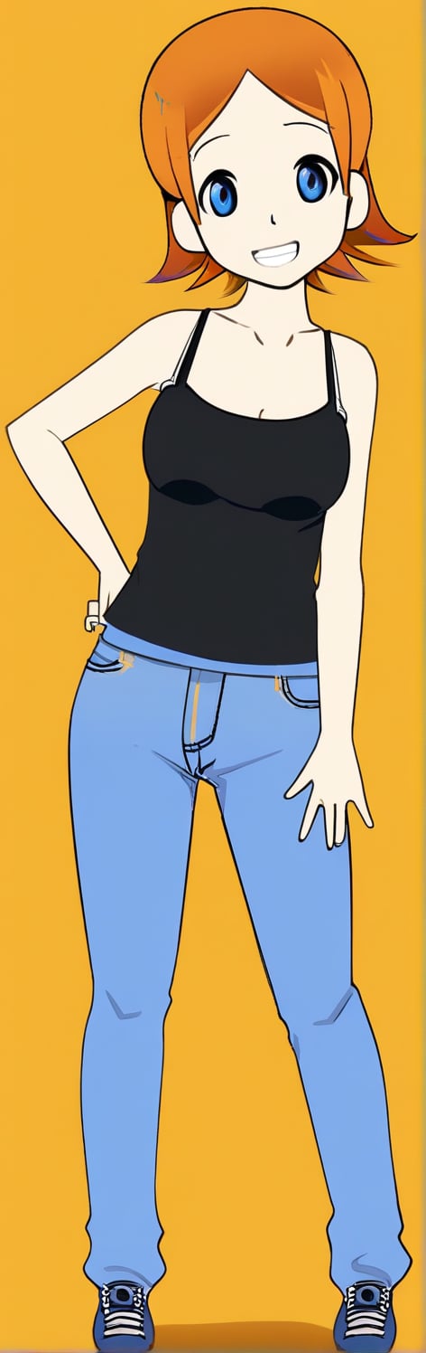 1girl, solo, breasts, looking at viewer, smile, short hair, blue eyes, simple background, cleavage, medium breasts, standing, full body, shoes, pants, orange hair, grin, hand on hip, tank top, denim, sneakers, camisole, jeans