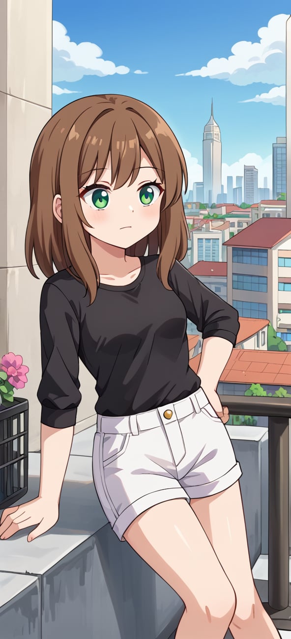 S4rahLynnBH, brown hair, green eyes, black shirt, white shorts, 1girl, looking at viewers, city, day, outdoors, anime style, 