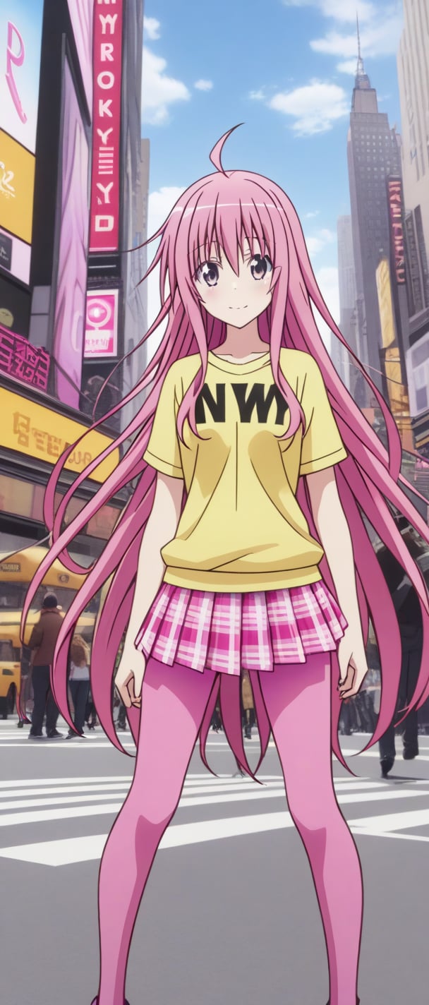 Lala Satalin Deviluke, yellow shirt, pink skirt, new york, pink leggings