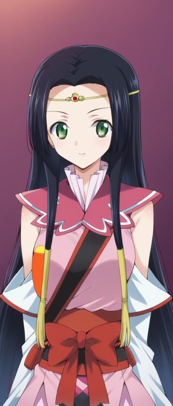 sumeragi kaguya, green eyes, black hair, long hair, circlet, hair tubes, red bow