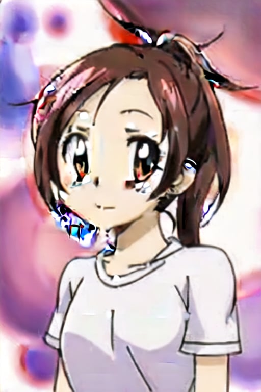 A close-up shot of a young girl, Shikinami, from the anime series Kancolle, gazing directly at the viewer with a radiant blush on her cheeks. Her open mouth and sparkling brown eyes convey a sense of surprise or delight. Her long, brown hair is tied back in a ponytail, adorned with a delicate hair ribbon that matches the tone of her white shirt, featuring short sleeves that frame her upper body.,Miura Haru