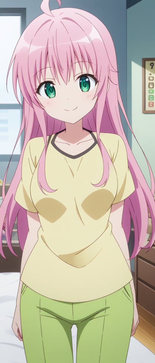 laladeviluke,score_6_up,score_7_up,score_8_up,score_9, yellow shirt, Pants, smiling bedroom,  long hair, anime style, pink hair, green eyes, smiling