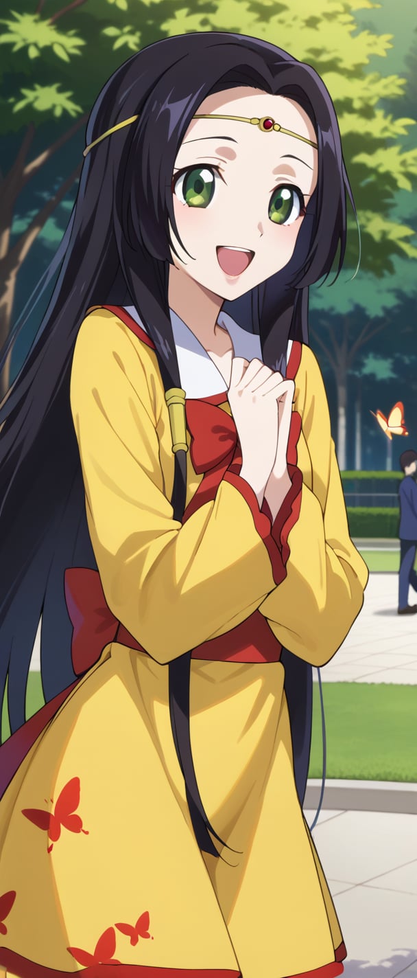 sumeragi kaguya, green eyes, black hair, long hair, hair tubes, red bow, yellow dress, squar necked dress, butterfly print, long sleeves, smiling, sunny day, park, mouth open teeth, 
