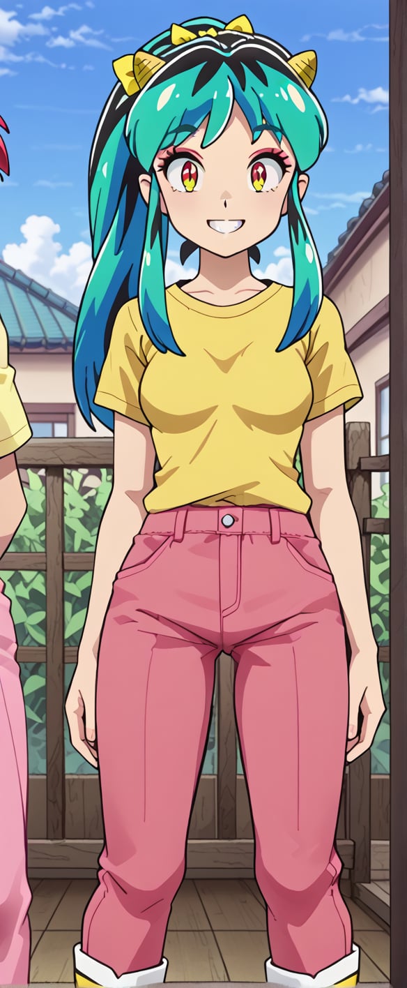  lum, oni horns, yellow  shirt, pink pants, smiling, looking at viewer,