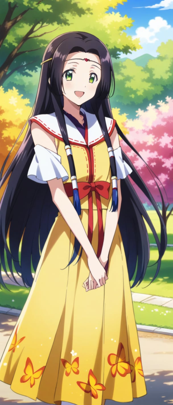 sumeragi kaguya, green eyes, black hair, long hair, hair tubes, yellow dress, butterfly print, smiling, sunny day, park, mouth open teeth, capped slevees, standing,
